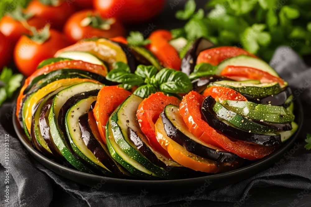 Φωτογραφία A close-up shot of a colorful ratatouille tian, a healthy vegetable dish, arranged in a spiral pattern on a black plate, garnished with fresh basil leaves