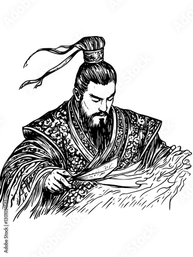 Engraved illustration of an ancient ruler inspecting flowing water with intricate robes and details