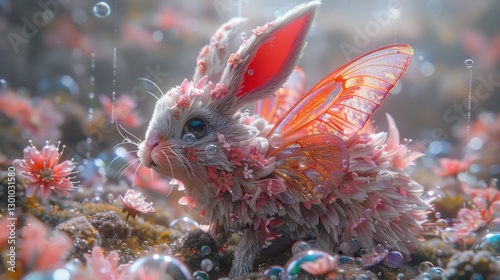 Enchanted rabbit with butterfly wings surrounded by vibrant flowers and shimmering droplets in a magical forest