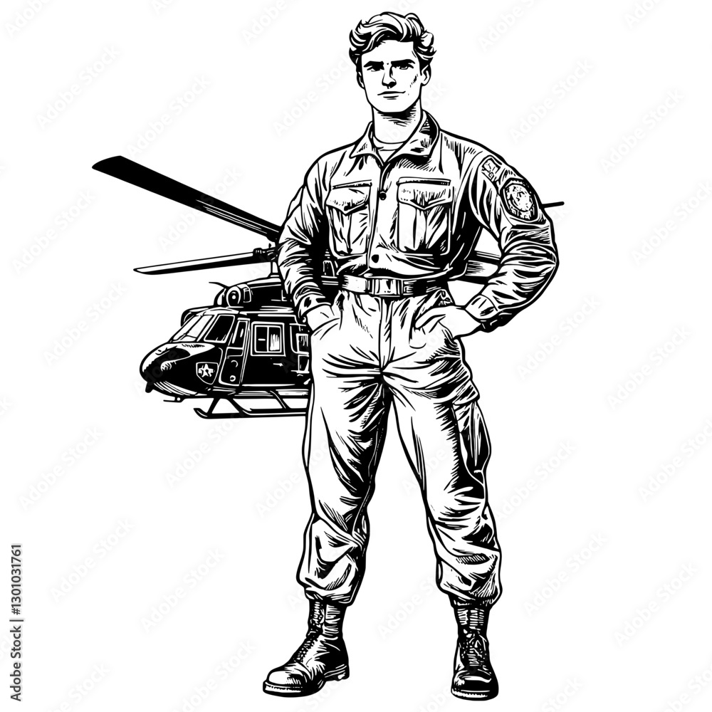 Obraz premium Vector engraved illustration depicting a military pilot standing confidently in front of a helicopter for product design purposes