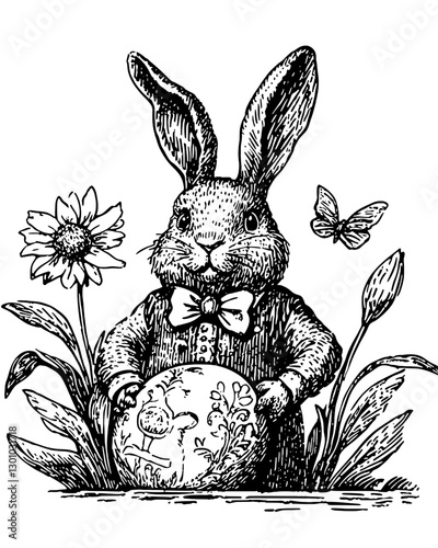 Vector engraved illustration of a rabbit holding a decorated egg in a garden with flowers and a butterfly
