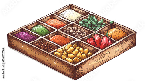 Colorful assorted spice box with transparent background for culinary design projects and recipe illustrations featuring vibrant seasoning collection.