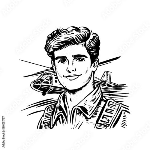 Vector engraved illustration of a young pilot in front of a helicopter for product design