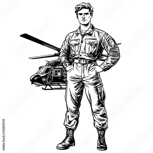 Vector engraved illustration depicting a military pilot standing confidently in front of a helicopter for product design purposes