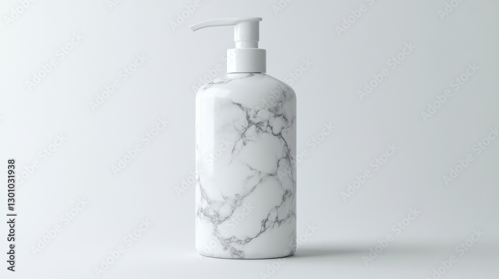 White marble design pump bottle on a light background White marble design pump bottle on a light background