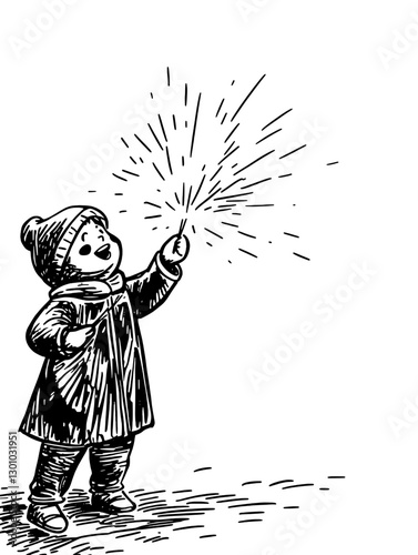 Engraved vector illustration of a child celebrating with sparklers during winter festivities