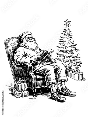 Santa Claus relaxes in armchair reading a book near a Christmas tree surrounded by gifts in a vintage engraving style