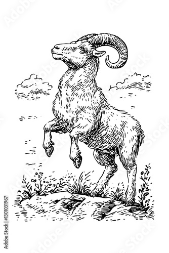 Vector engraved illustration of a standing ram in a natural landscape for product design