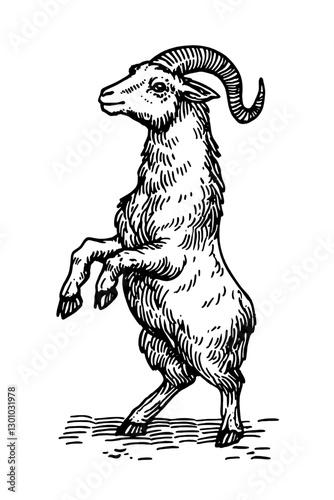 Highly detailed vector engraved illustration of a standing goat for product design applications