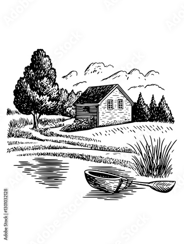 Engraved vector illustration showing a serene countryside scene with a house near a pond and a rowboat