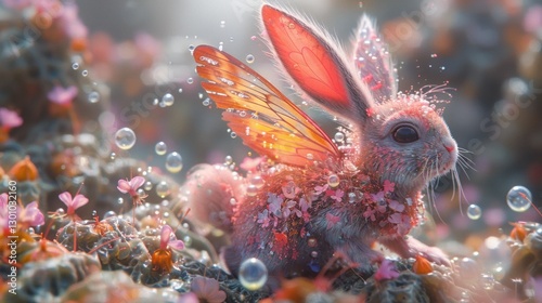 Enchanted rabbit with butterfly wings surrounded by flowers and bubbles in a magical garden