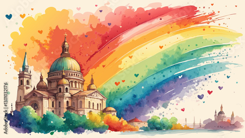Bright and cheerful watercolor background in rainbow colors with playful brushstrokes, symbolizing diversity and inclusion for the spirit of giving, copy space 