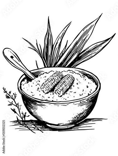 Engraved illustration of a bowl filled with cornmeal and fresh corn on top, ideal for product design applications