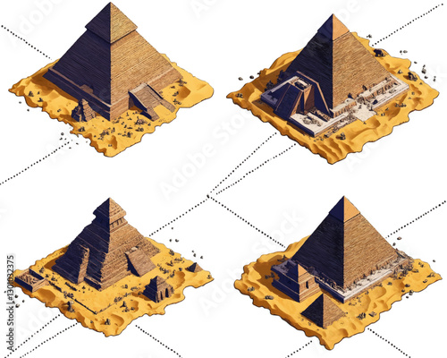 Intricate Vector Art of Four Iconic Ancient Egyptian Pyramids on Sand With Architectural Details and Historical Landmarks - Digital Illustration for Historical Studies