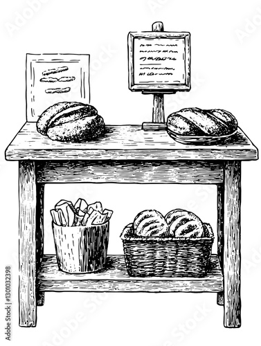 Rustic bread display on wooden table with loaves and basket