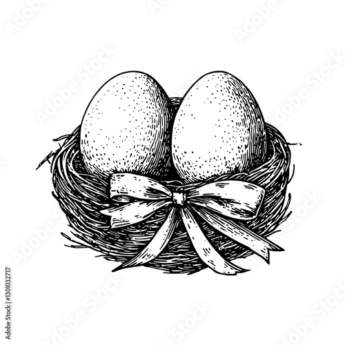 Engraved vector illustration of two eggs in a nest with a ribbon designed for product applications