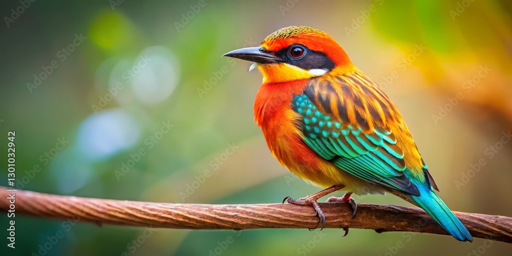 Obraz premium Vibrant avian perched on a branch, showcasing iridescent plumage in a lush natural setting