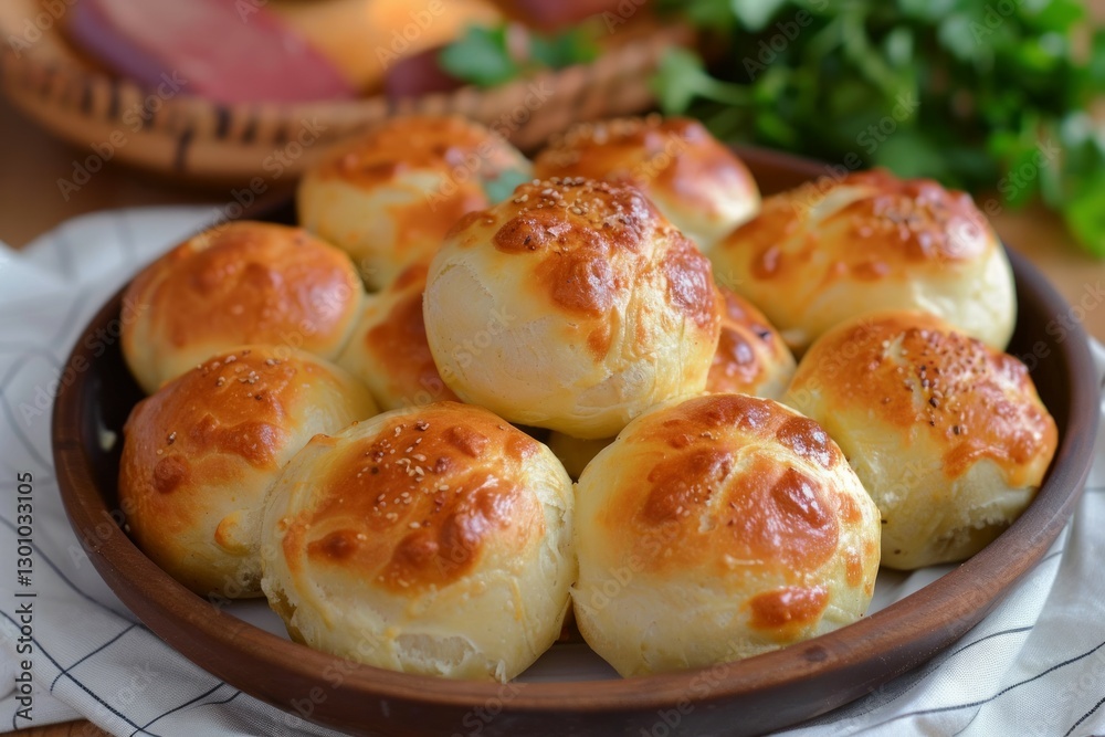 Soft garlic bread rolls with herbs in white dish. AI image Soft garlic bread rolls with herbs in white dish. AI image