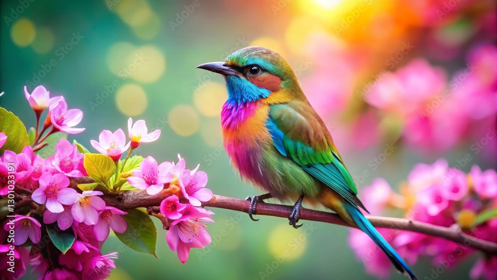 Vibrant Rainbow Bird Perched on a Branch Adorned with Delicate Pink Blossoms in a Sunlit Garden