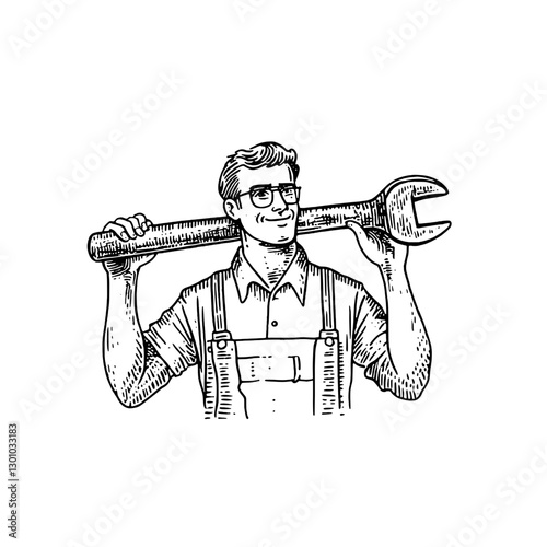 Engraved vector illustration of a mechanic holding a wrench in casual work attire