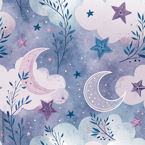 Soft seamless background in dreamy purples and blues with stars and crescent moons, symbolizing hope and inspiration for charitable acts 