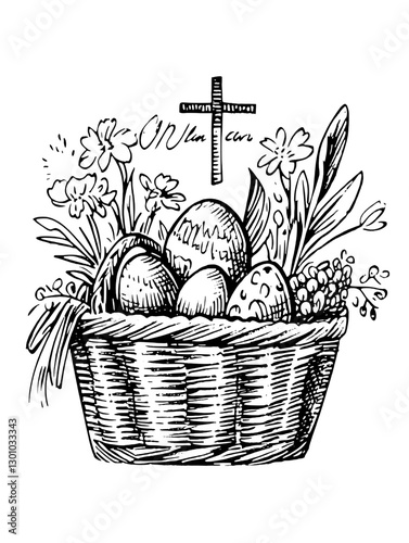 Vector engraved illustration of a decorative easter basket filled with eggs and flowers, ideal for product design