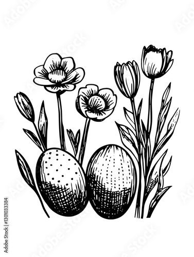 Vector illustration showcasing decorative eggs nestled among spring flowers for product design