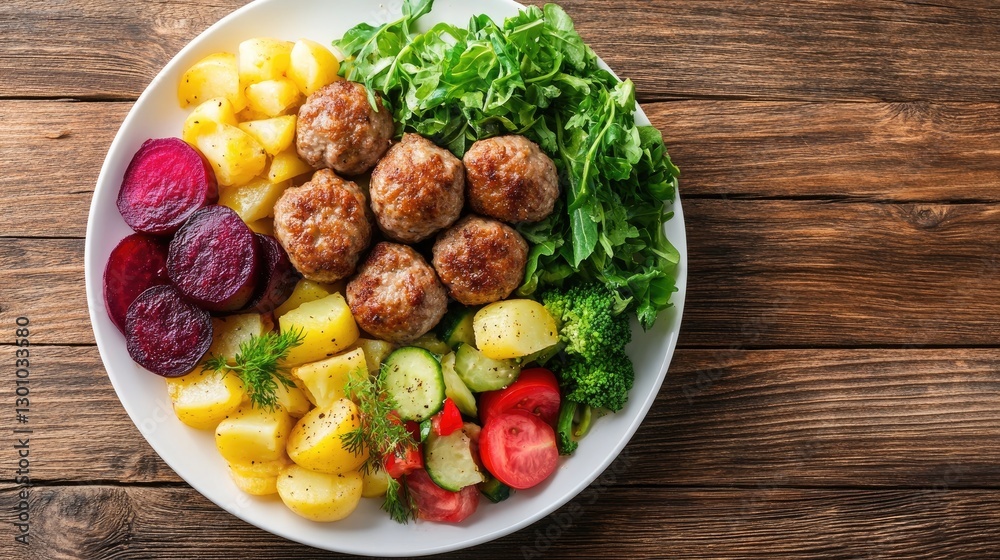 Fried meatballs, boiled potatoes, beetroots and fresh vegetables served on white plate on wooden table