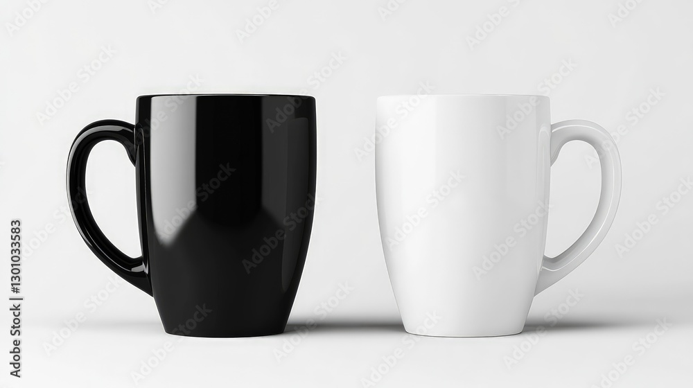 White and black mug mockup set, isolated on a white background. A modern design for advertising or presentation of a coffee drink product, shown in close-up view White and black mug mockup set, isolated on a white background. A modern design for advertising or presentation of a coffee drink product, shown in close-up view