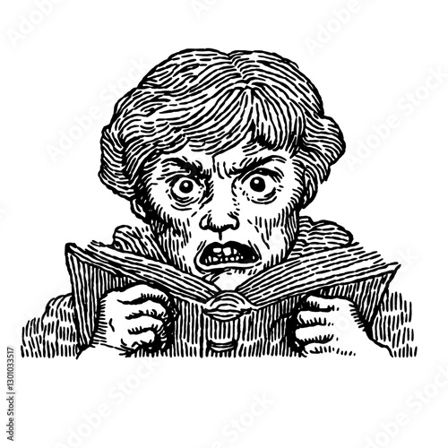 Distressed reader experiencing shocking moments in a book with a captivating vector engraved style