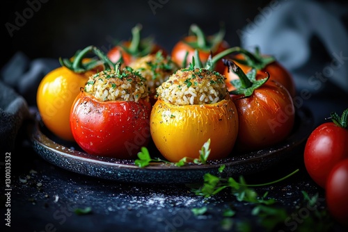A vibrant close-up of stuffed tomatoes with rice and herbs, showcasing a colorful array of red and yellow against a dark, rustic background, perfect for food blog.