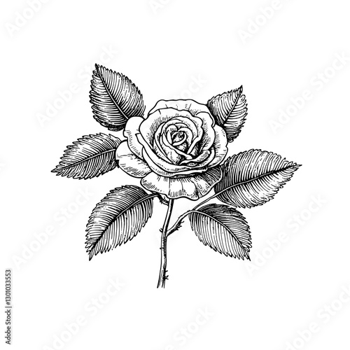 Detailed vector engraved illustration of a classic rose with leaves ideal for product design and creative projects