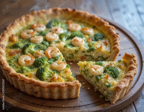 french rustic laurent quiche with roasted broccoli and shrimp