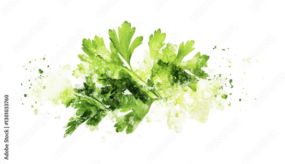 Vibrant green cilantro leaves sprinkled with watercolor effects for culinary and design purposes, cut out Vibrant green cilantro leaves sprinkled with watercolor effects for culinary and design purposes, cut out