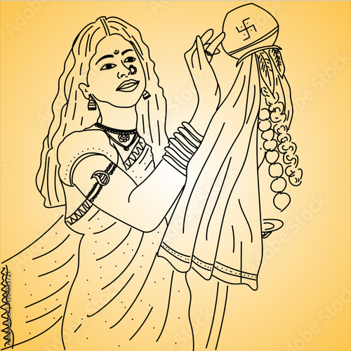 Happy Gudi padawa Drawing - Gudi Padwa art -A gudhi is a flag that is raised during the spring festival of Gudi Padwa. It is festival marks the new year for marathi and konkani hindu.