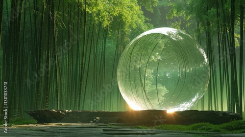 Ethereal glass sphere resting on a stone in a serene bamboo forest with soft light filtering through