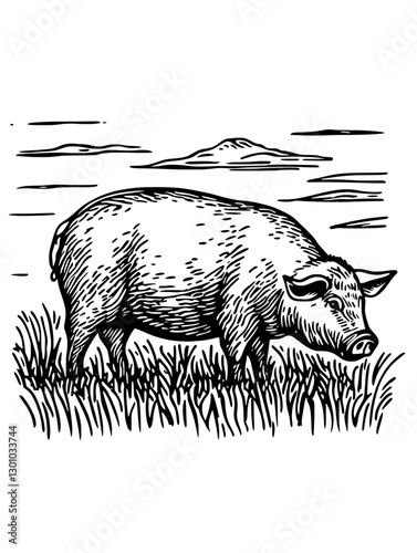 Vector engraved illustration of a pasture with a pig grazing in the grass under a cloudy sky