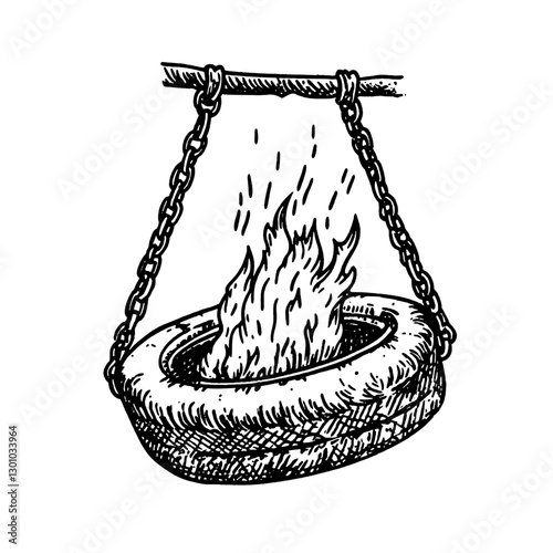 Engraved vector illustration of a burning tire suspended from a chain, showcasing an industrial design concept