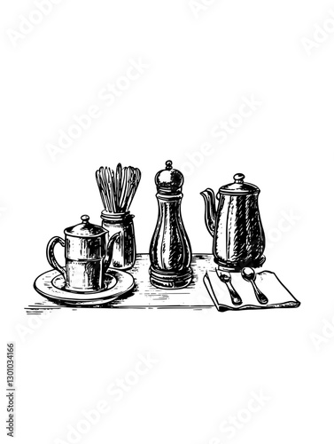 Vector engraved illustration of a coffee set with utensils for dining and enjoyment in a cozy cafe setting