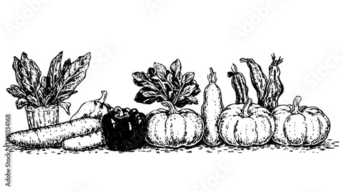Vector engraved illustration of assorted fresh vegetables and herbs for product design inspiration