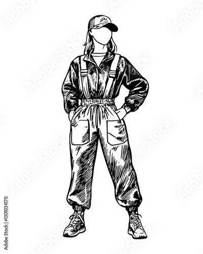 Stylish vector engraved illustration of a person wearing overalls and a cap for product design inspiration