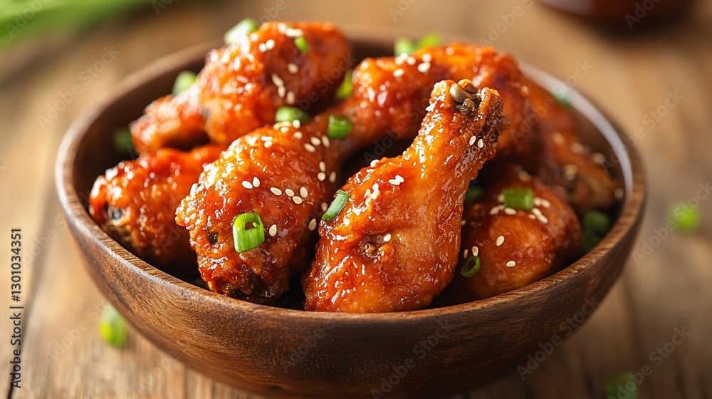 Crispy, glazed chicken drumsticks in a wooden bowl on a table with green onions; appetizing food presentation Crispy, glazed chicken drumsticks in a wooden bowl on a table with green onions; appetizing food presentation