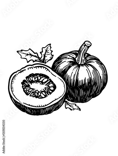 Vector engraved illustration of a pumpkin and a cut-open squash for product design concepts and food-related graphics