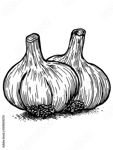 Detailed vector engraving of garlic bulbs suitable for culinary product design and packaging