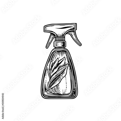 Vector engraved illustration of a spray bottle with botanical design for product labeling and branding needs in home care industry