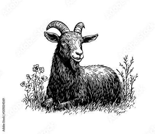 Vector engraved illustration of a calm goat resting among flowers in a grassy field