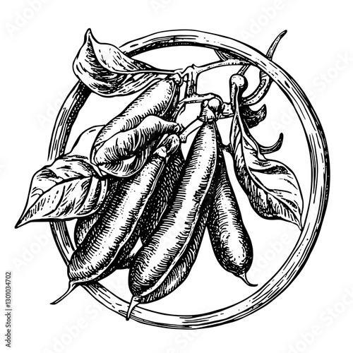 Detailed vector engraved illustration of peppers enclosed in a circular frame featuring leaves and intricate shading