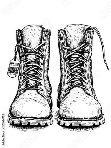 High-quality vector engraving of sturdy work boots for product design applications in outdoor and industrial contexts