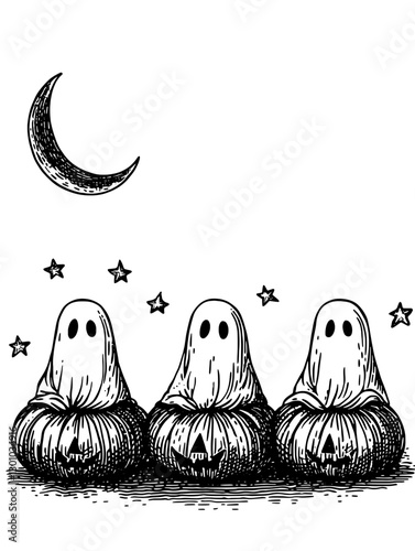 Three ghostly figures in playful stance among stars under a crescent moon in a whimsical vector engraving