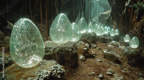 Ethereal transparent eggs glowing in a mystical cave, surrounded by rocks and bamboo forest ambiance